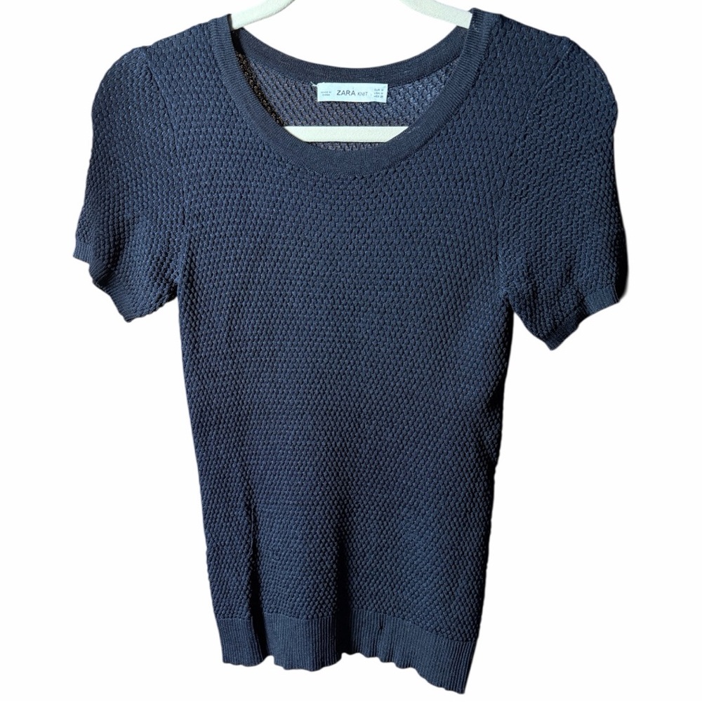 Zara Knit Sweater Womens Black Short Sleeve Textured Crewneck Top Size Medium